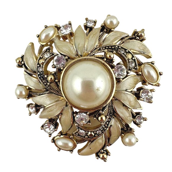 VTG Monet Brooch Goldtone Faux Pearl Cabochon Clear Rhinestone Enamel 2.75" - Picture 3 of 8
